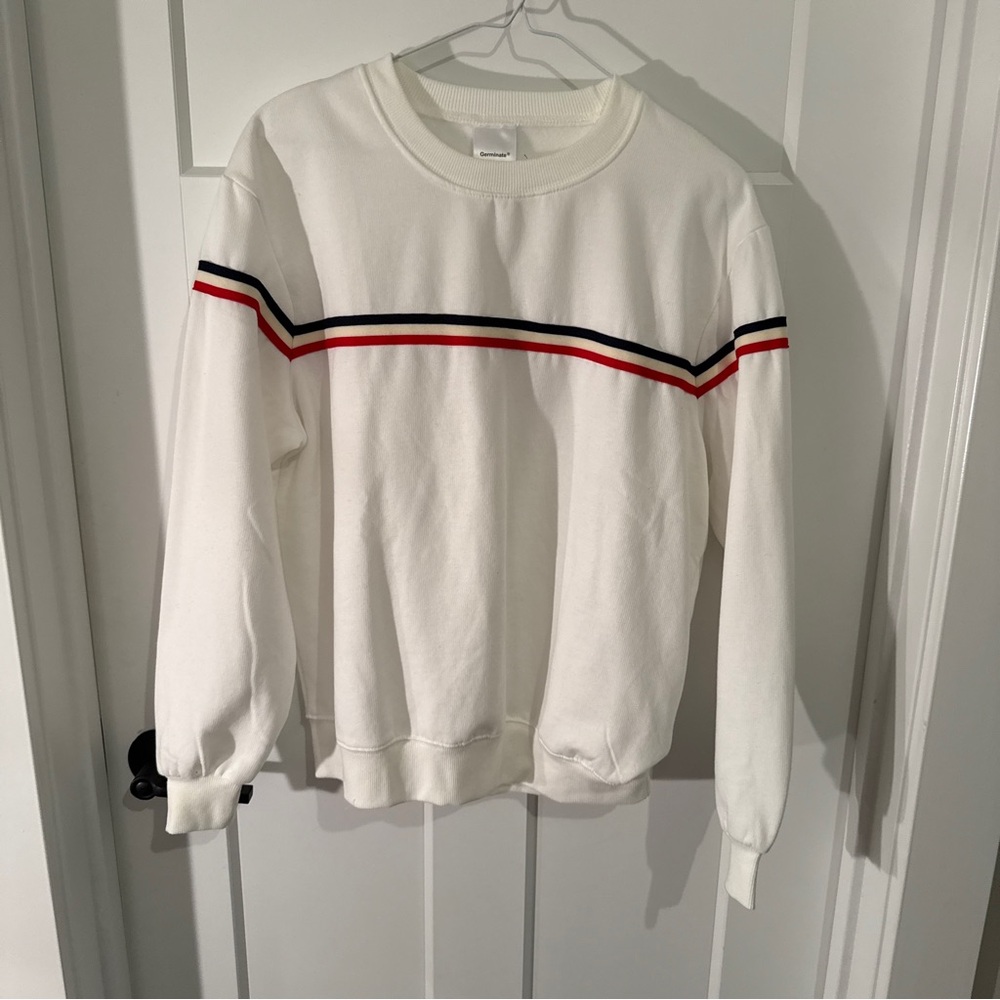 Classic White Sweatshirt with Red and Navy Stripes